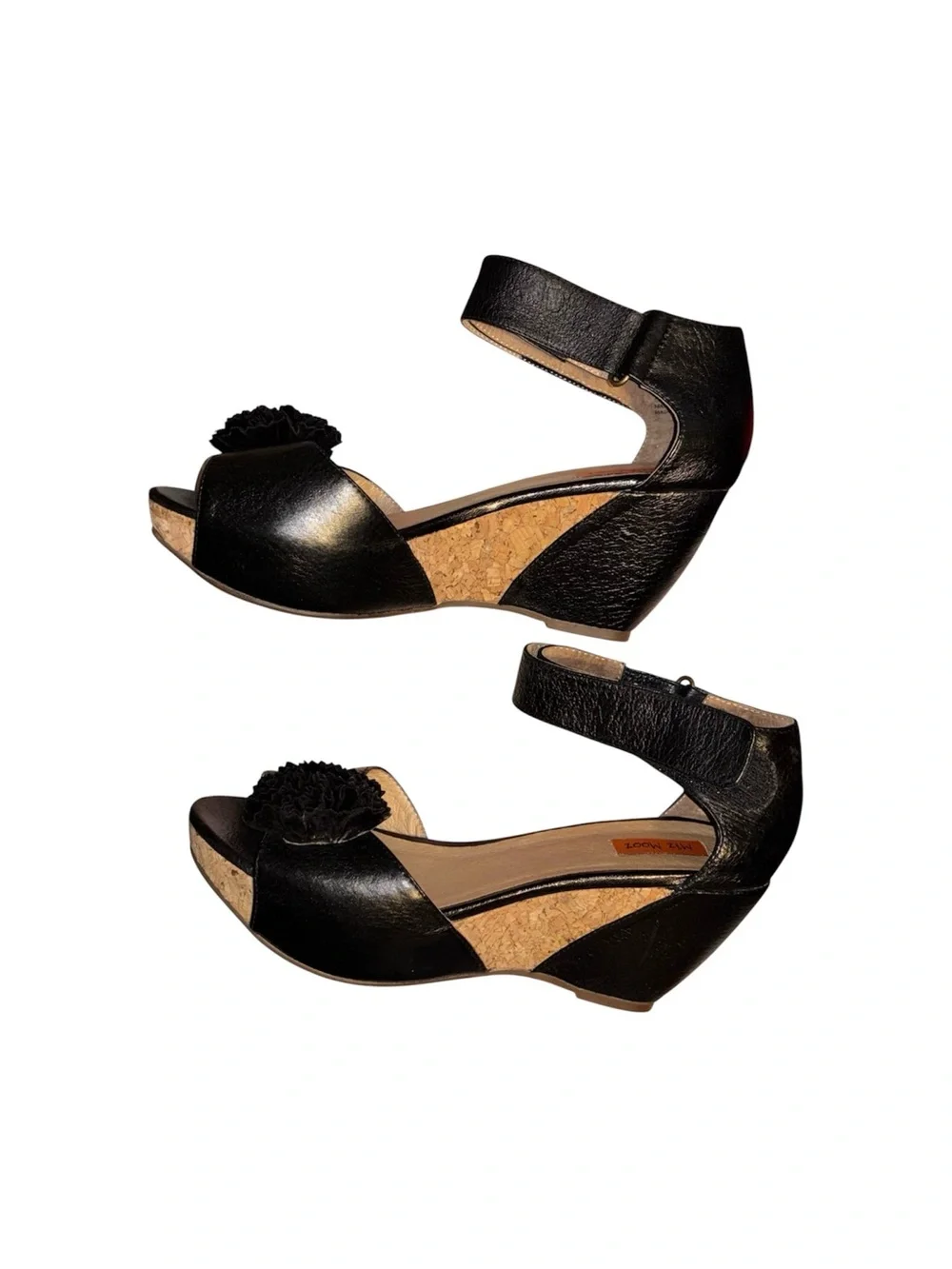 Miz Mooz Yona Leather Black Open-Toe Ankle Strap Heels with Floral Pom Detail